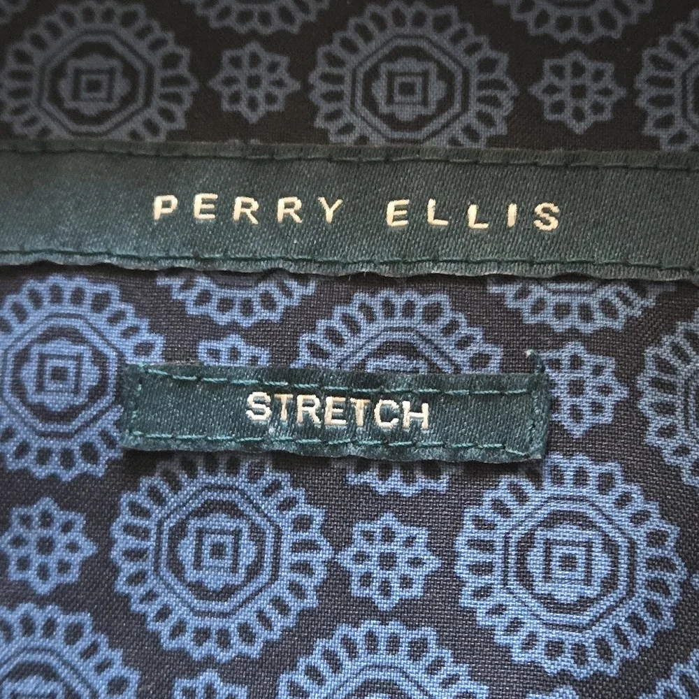 Perry Ellis Men’s 2XLT Stretch Blue Patterned Short Sleeve Button Up Shirt - Picture 10 of 15